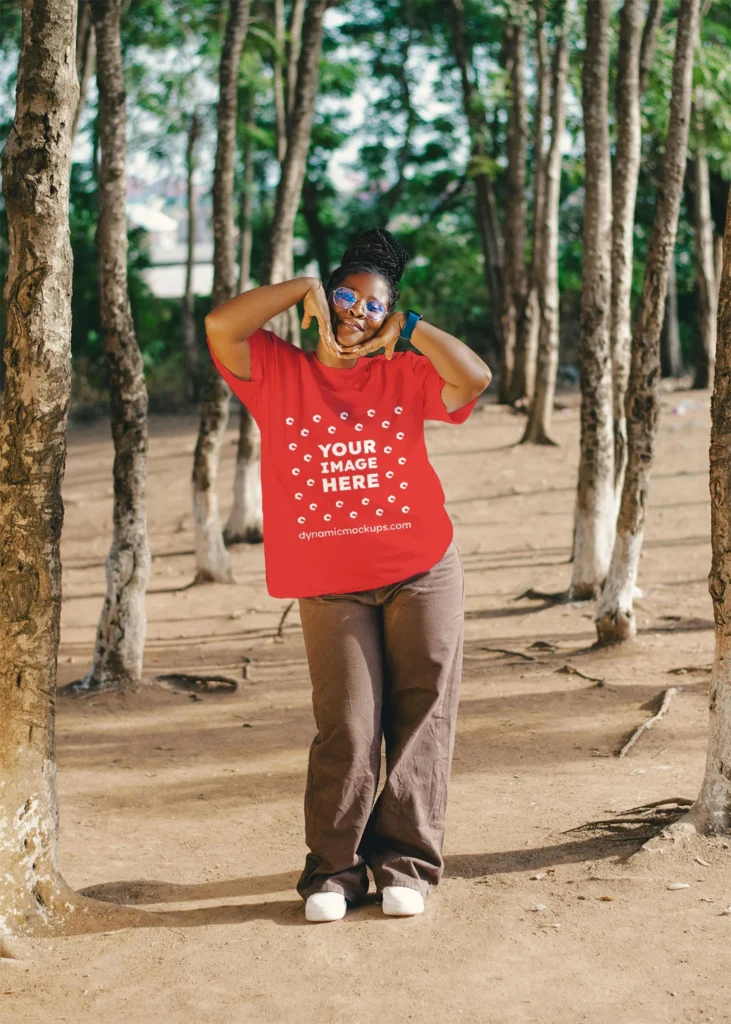 Woman Wearing Red T-shirt Mockup Front View Template