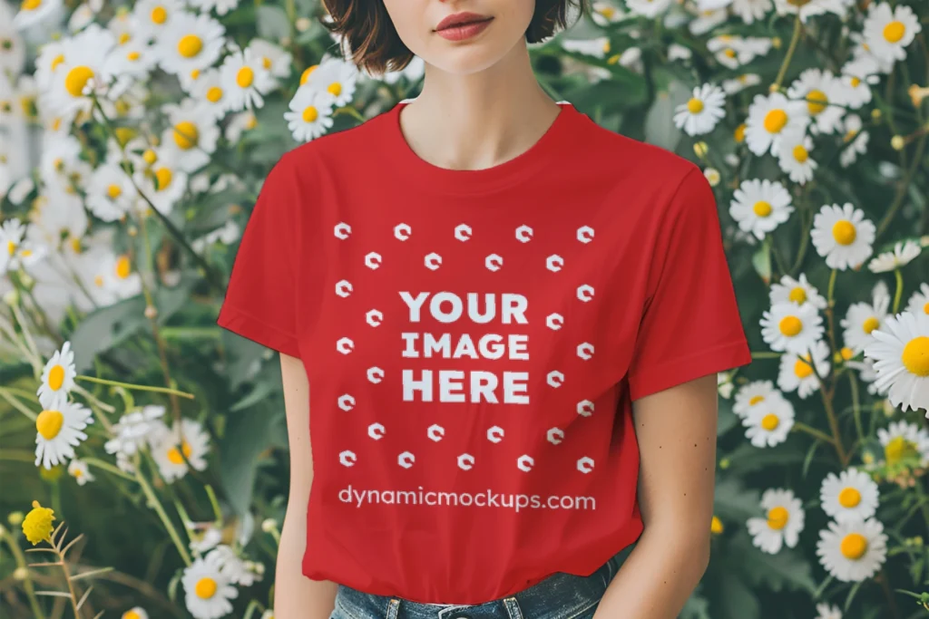 Woman Wearing Red T-shirt Mockup Front View Template