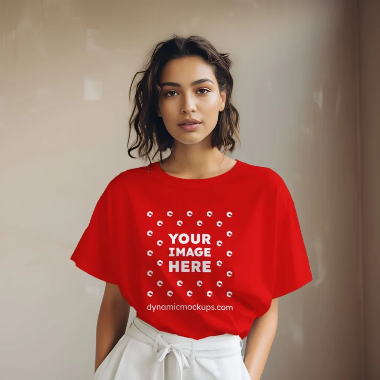 Woman Wearing Red T-shirt Mockup Front View Template