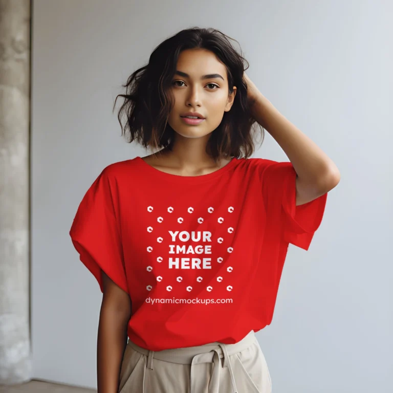 Woman Wearing Red T-shirt Mockup Front View Template