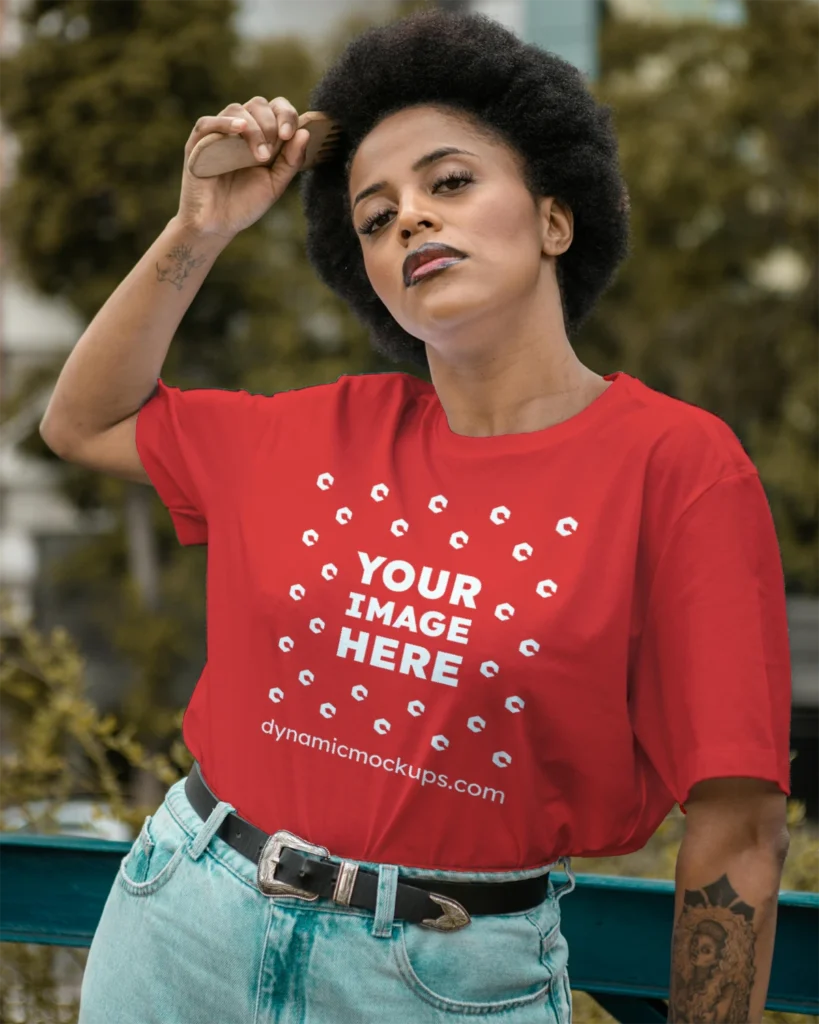 Woman Wearing Red T-shirt Mockup Front View Template