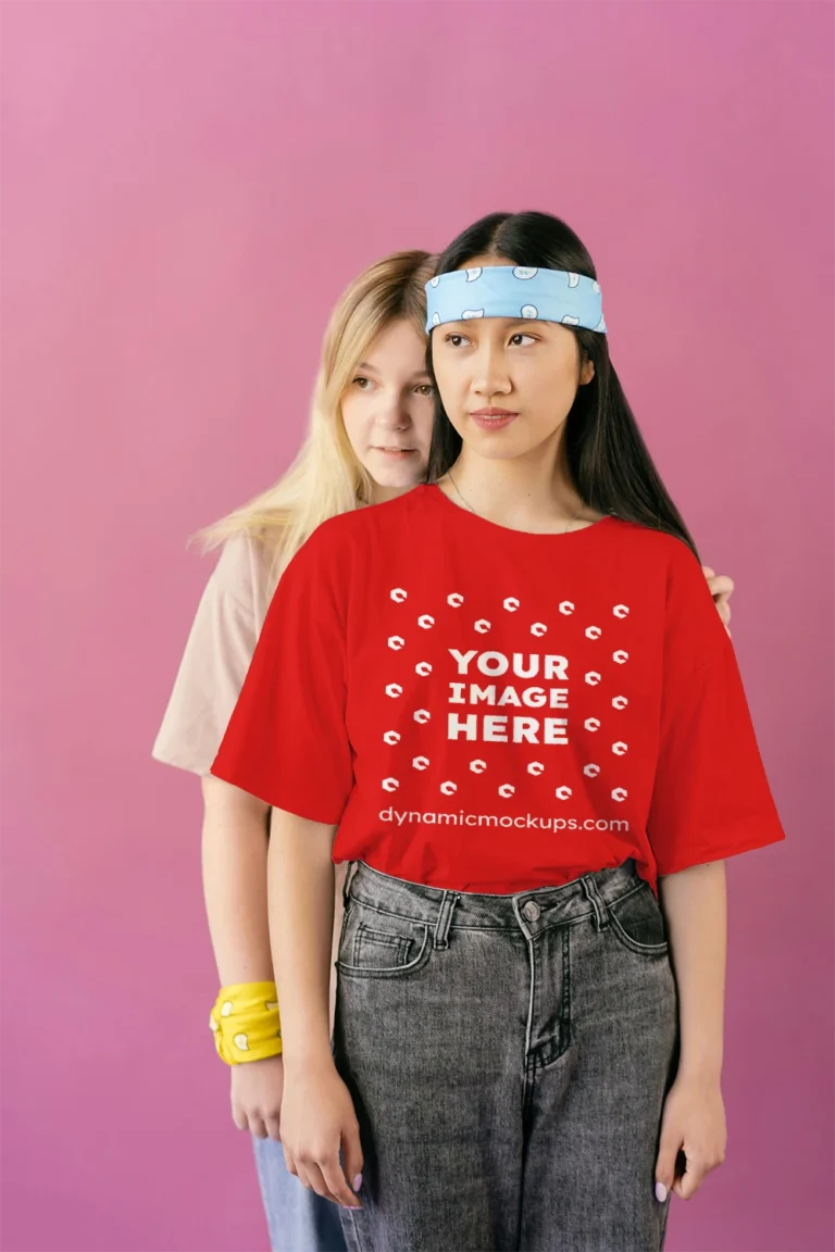 Woman Wearing Red T-shirt Mockup Front View Template