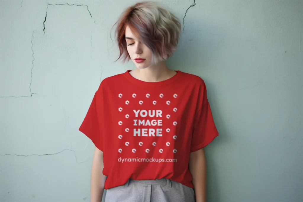 Woman Wearing Red T-shirt Mockup Front View Template