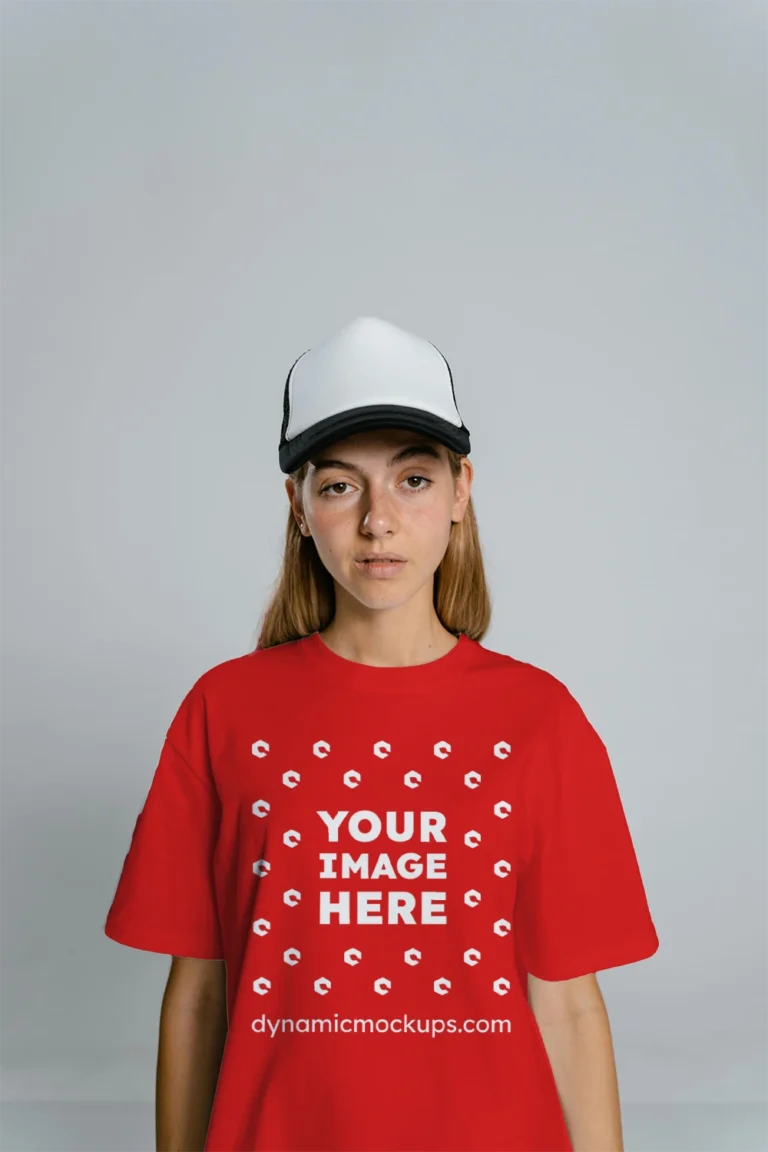 Woman Wearing Red T-shirt Mockup Front View Template