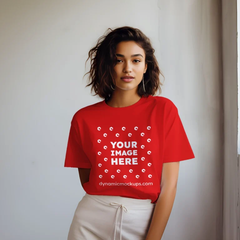 Woman Wearing Red T-shirt Mockup Front View Template