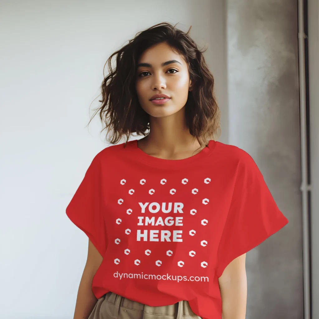 Woman Wearing Red T-shirt Mockup Front View Template