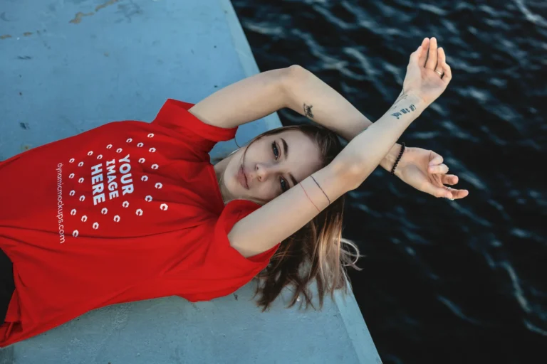 Woman Wearing Red T-shirt Mockup Front View Template