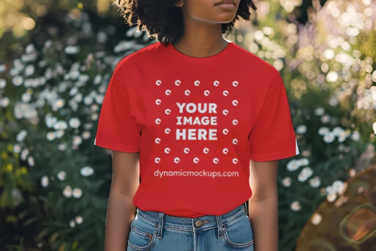 Woman Wearing Red T-shirt Mockup Front View Template