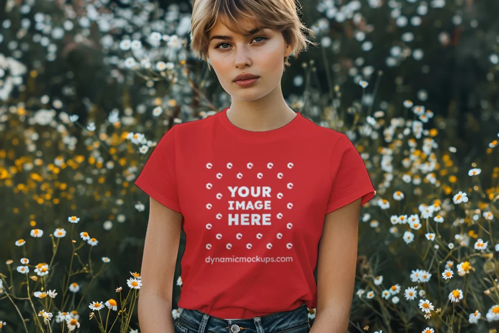 Woman Wearing Red T-shirt Mockup Front View Template