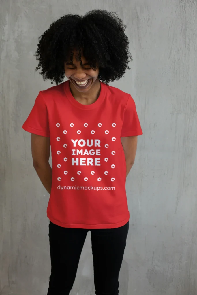 Woman Wearing Red T-shirt Mockup Front View Template