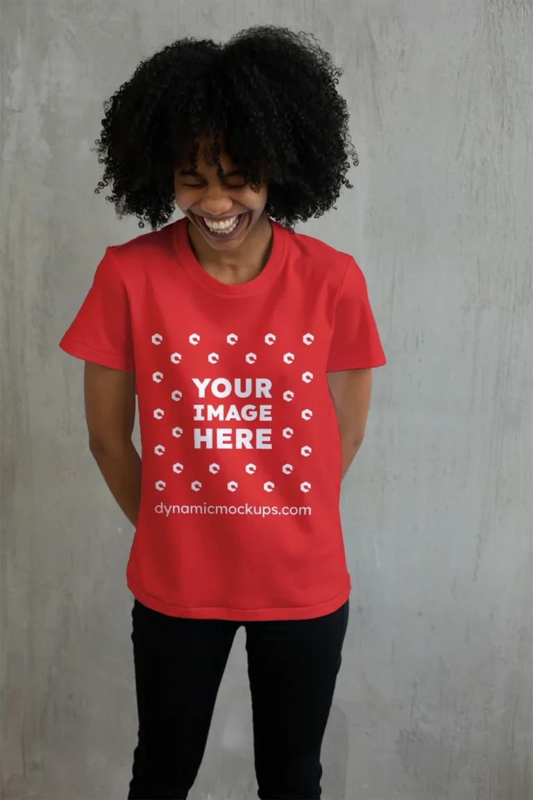 Woman Wearing Red T-shirt Mockup Front View Template