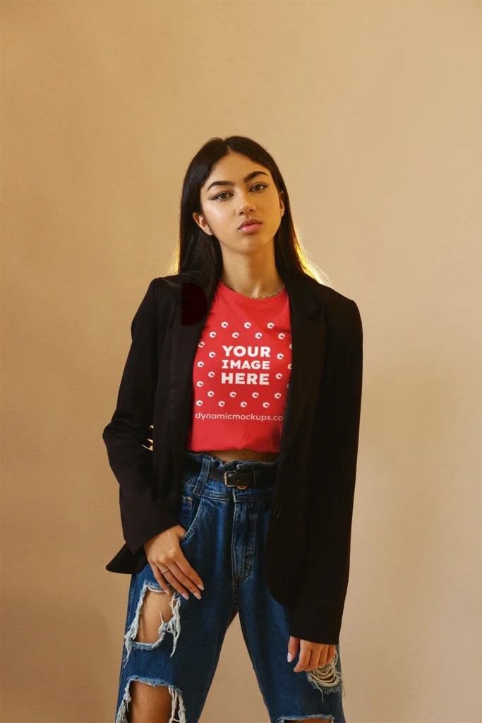 Woman Wearing Red T-shirt Mockup Front View Template