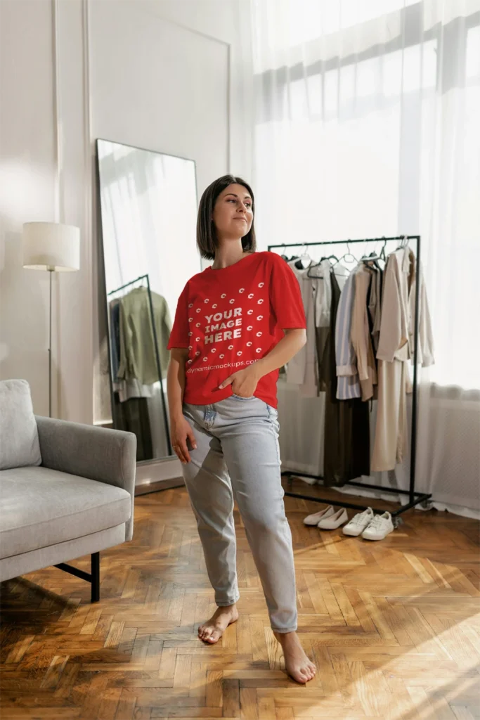 Woman Wearing Red T-shirt Mockup Front View Template