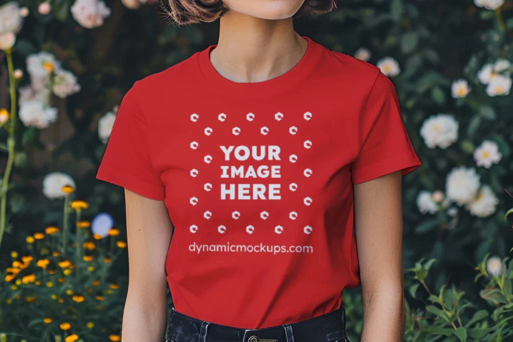 Woman Wearing Red T-shirt Mockup Front View Template