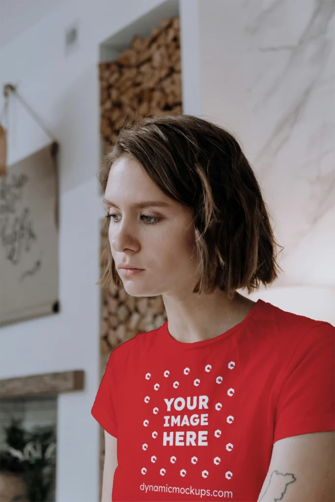 Woman Wearing Red T-shirt Mockup Front View Template