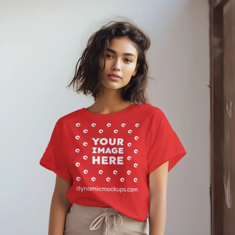 Woman Wearing Red T-shirt Mockup Front View Template