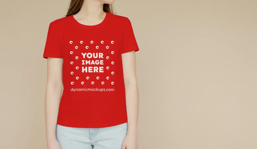 Woman Wearing Red T-shirt Mockup Front View Template