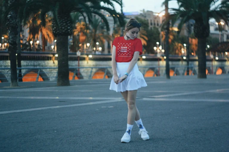 Woman Wearing Red T-shirt Mockup Front View Template