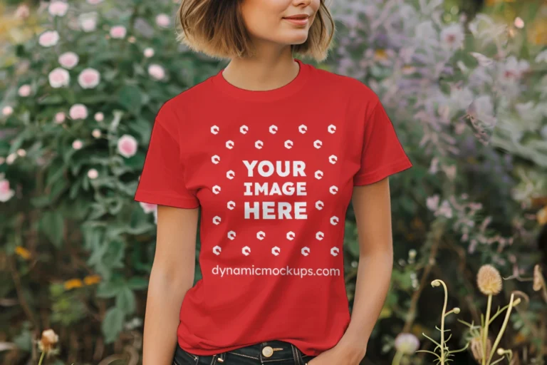 Woman Wearing Red T-shirt Mockup Front View Template