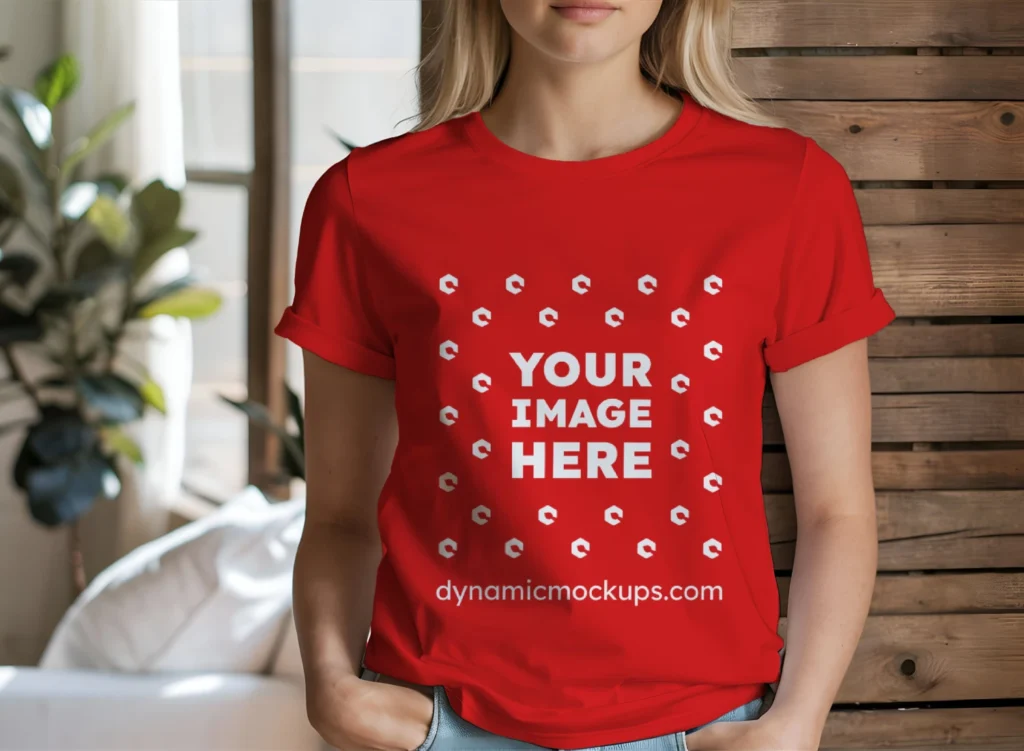 Woman Wearing Red T-shirt Mockup Front View Template