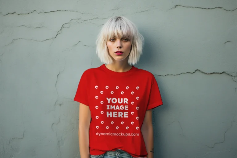 Woman Wearing Red T-shirt Mockup Front View Template