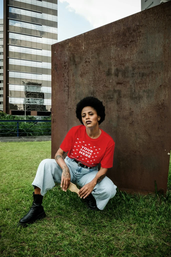 Woman Wearing Red T-shirt Mockup Front View Template