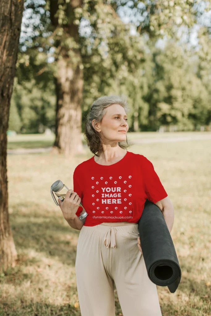 Woman Wearing Red T-shirt Mockup Front View Template