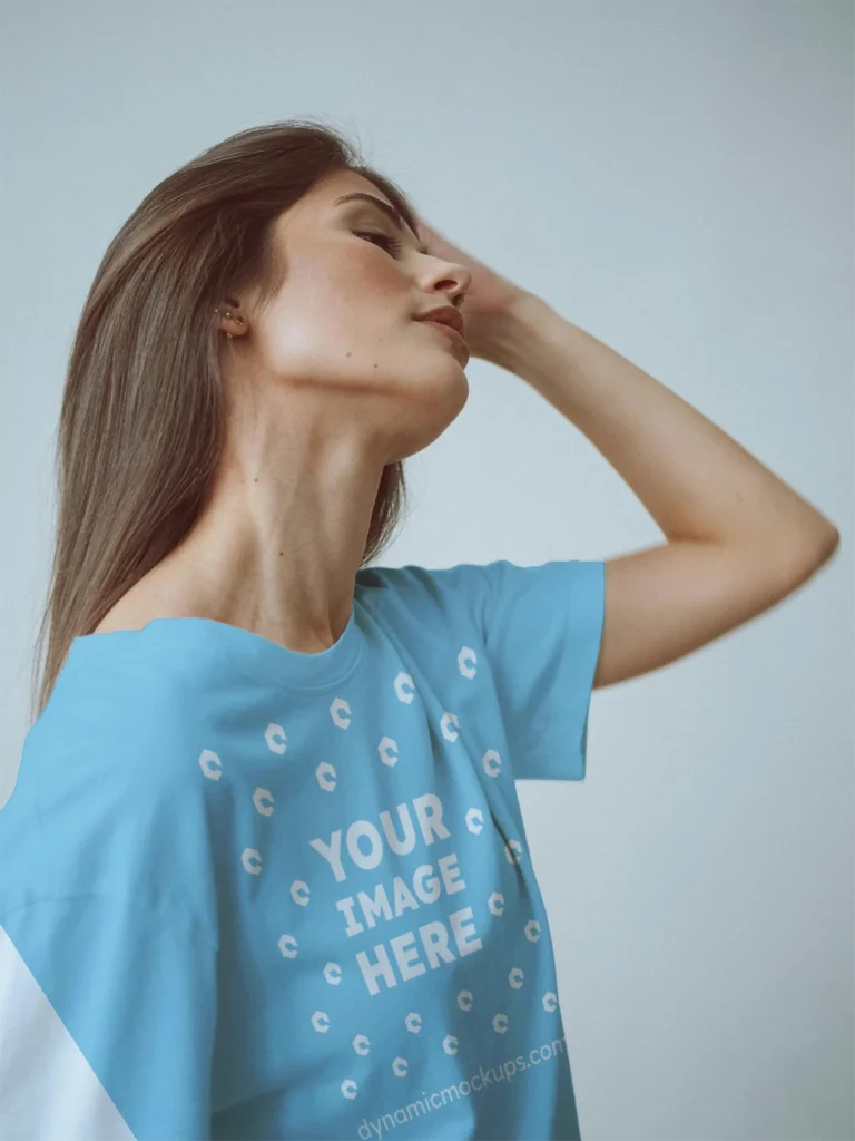 Woman Wearing Sky Blue T-shirt Mockup Front View Template