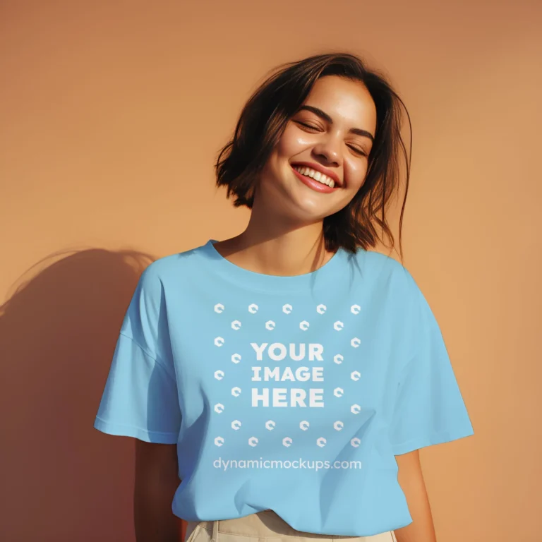 Woman Wearing Sky Blue T-shirt Mockup Front View Template