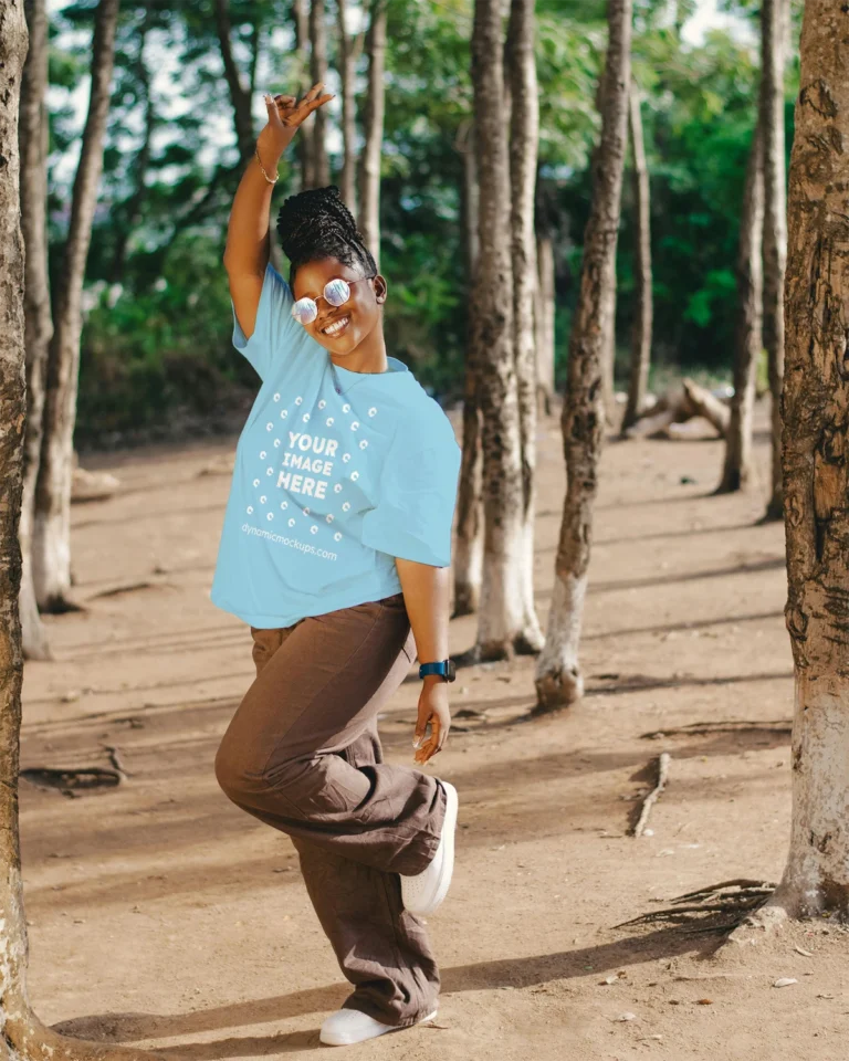 Woman Wearing Sky Blue T-shirt Mockup Front View Template