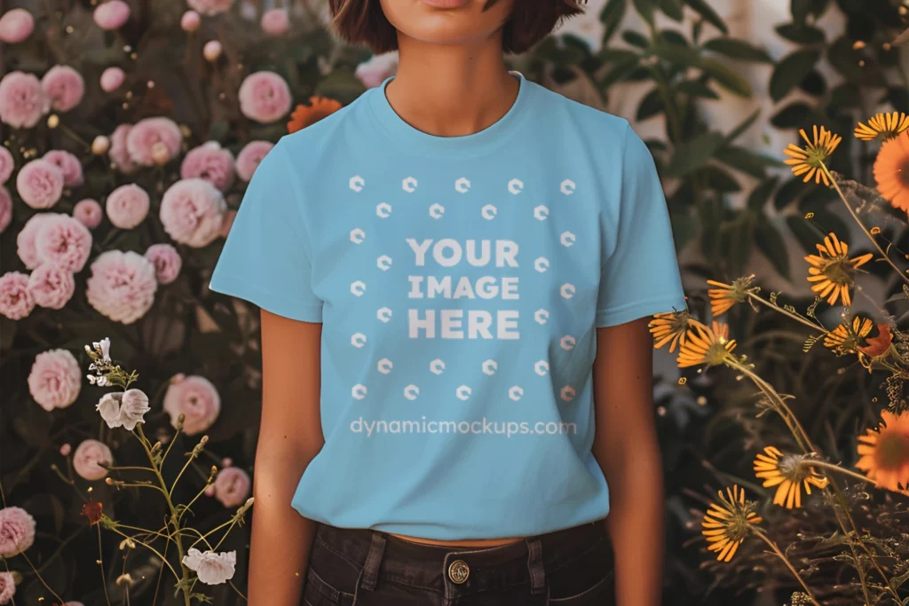 Woman Wearing Sky Blue T-shirt Mockup Front View Template