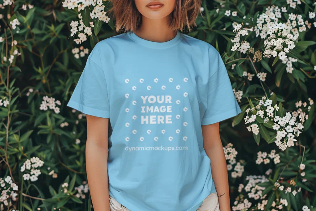 Woman Wearing Sky Blue T-shirt Mockup Front View Template