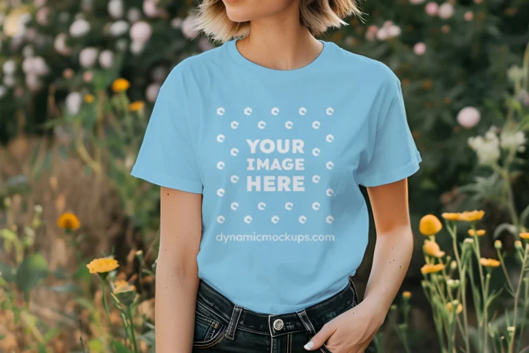 Woman Wearing Sky Blue T-shirt Mockup Front View Template