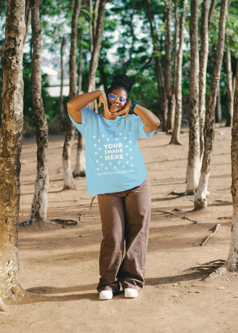 Woman Wearing Sky Blue T-shirt Mockup Front View Template