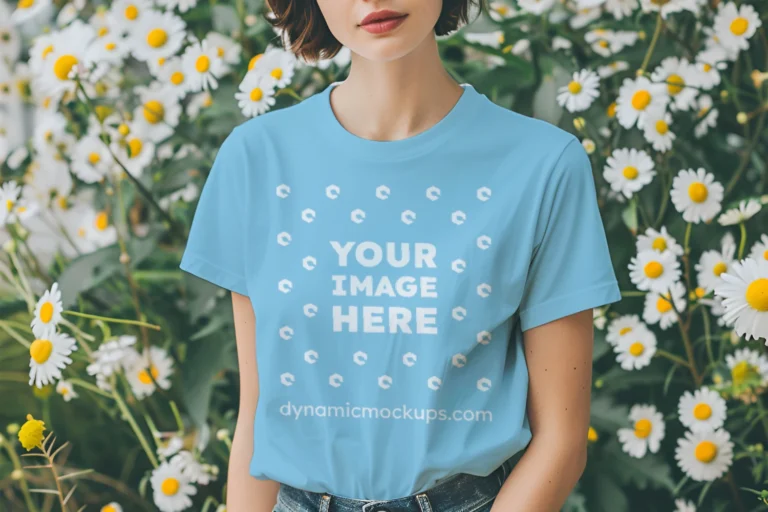 Woman Wearing Sky Blue T-shirt Mockup Front View Template