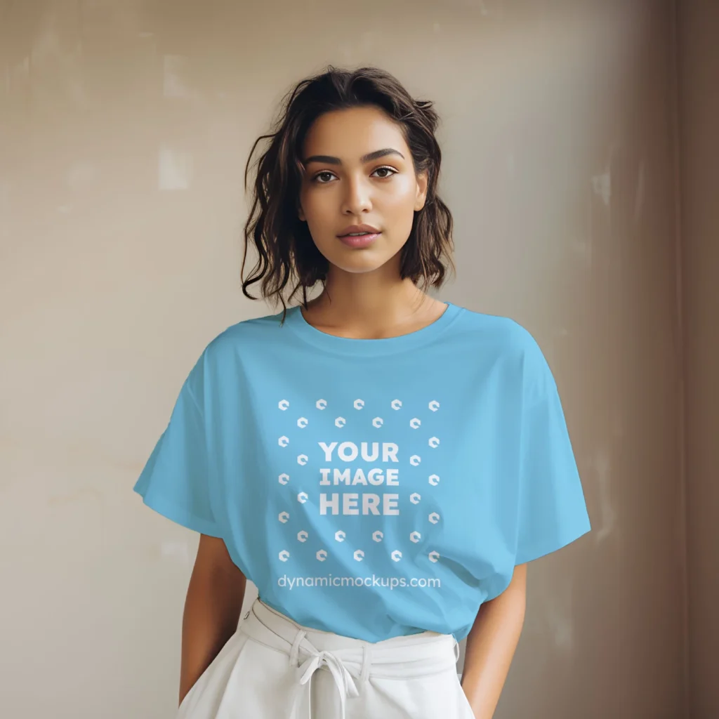 Woman Wearing Sky Blue T-shirt Mockup Front View Template