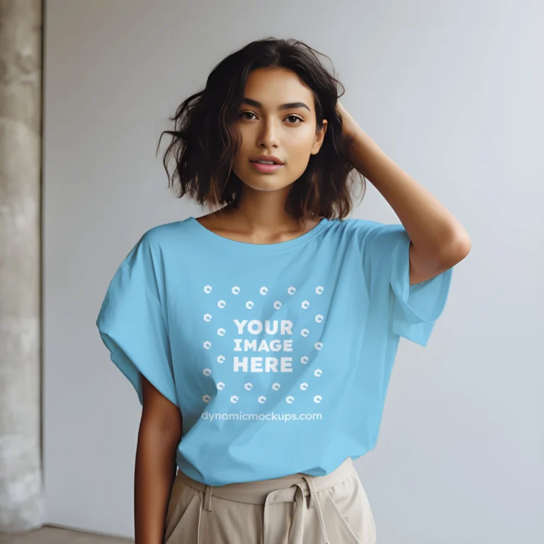 Woman Wearing Sky Blue T-shirt Mockup Front View Template