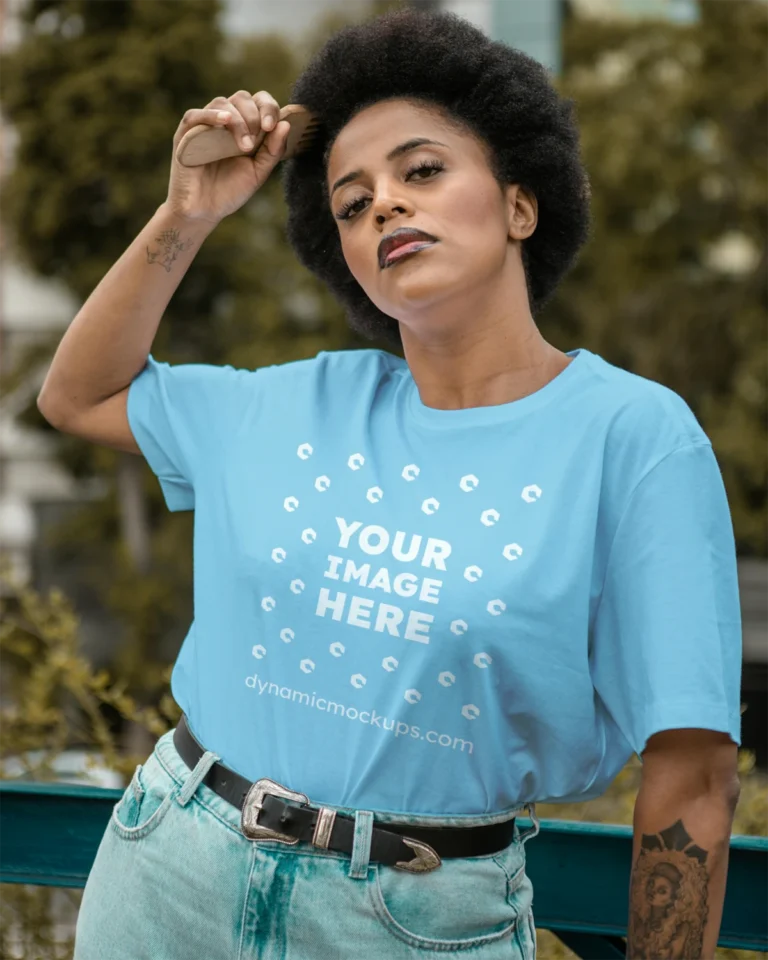 Woman Wearing Sky Blue T-shirt Mockup Front View Template