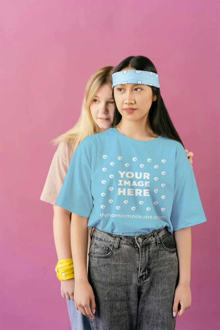 Woman Wearing Sky Blue T-shirt Mockup Front View Template