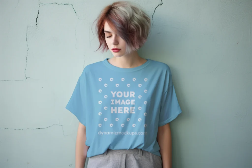 Woman Wearing Sky Blue T-shirt Mockup Front View Template