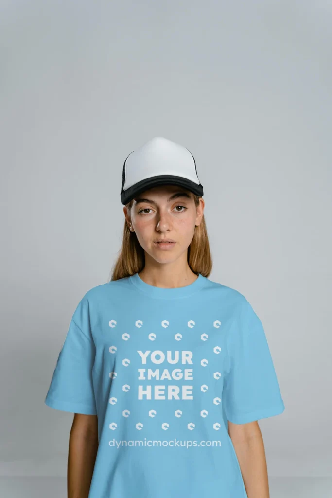 Woman Wearing Sky Blue T-shirt Mockup Front View Template