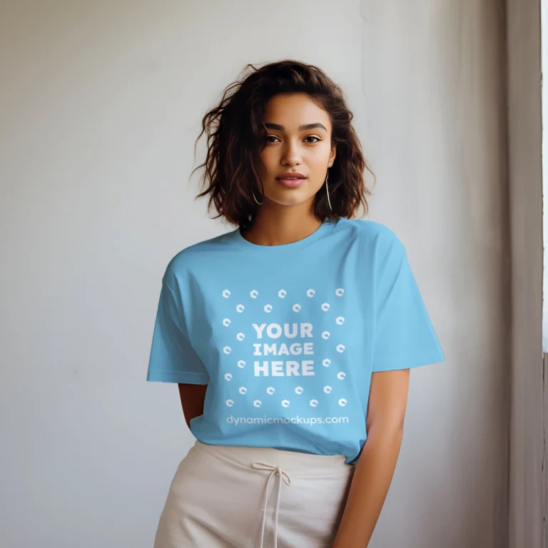 Woman Wearing Sky Blue T-shirt Mockup Front View Template