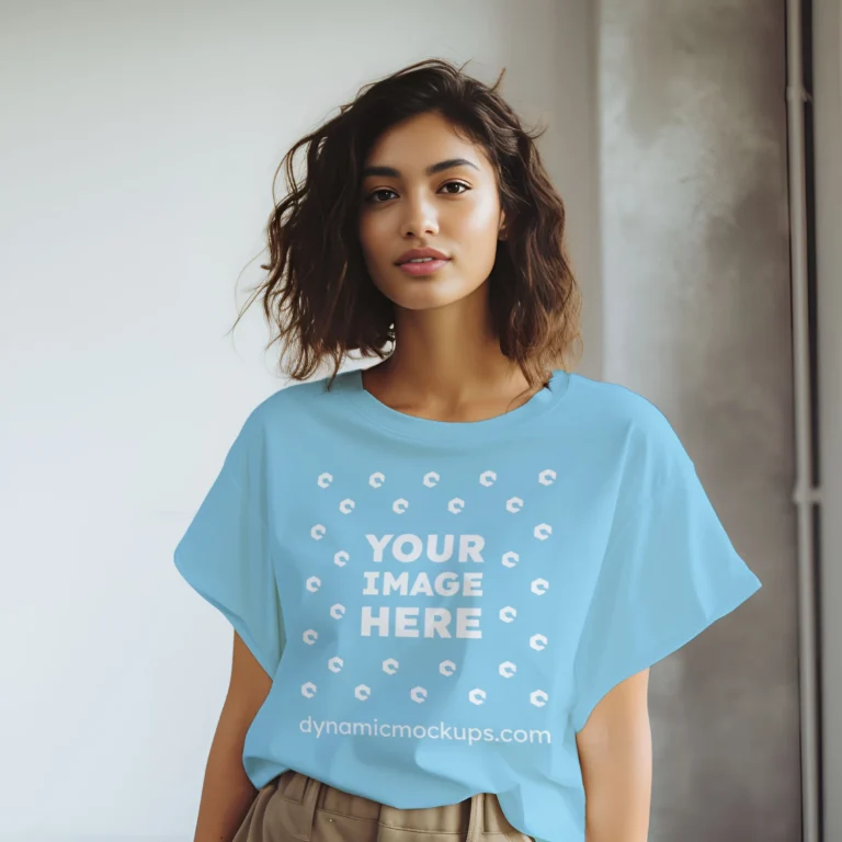 Woman Wearing Sky Blue T-shirt Mockup Front View Template