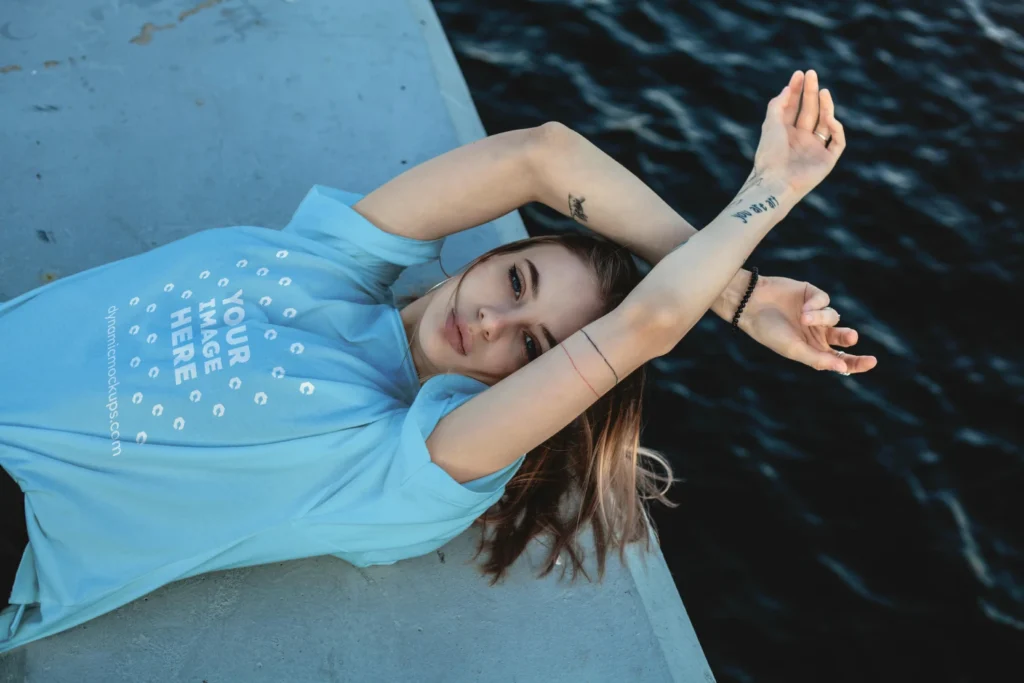 Woman Wearing Sky Blue T-shirt Mockup Front View Template