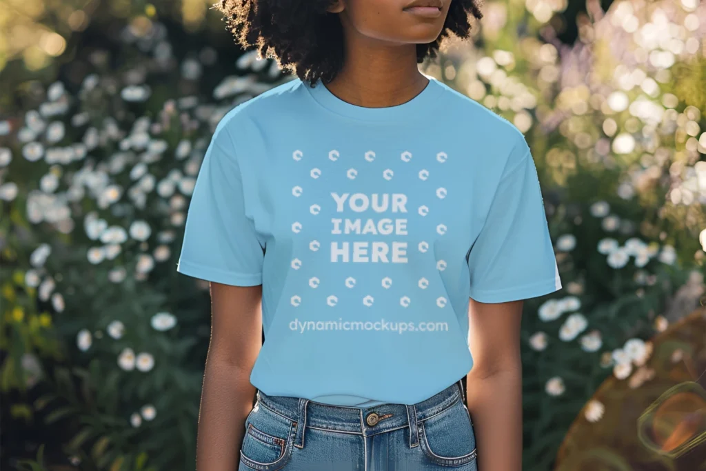 Woman Wearing Sky Blue T-shirt Mockup Front View Template