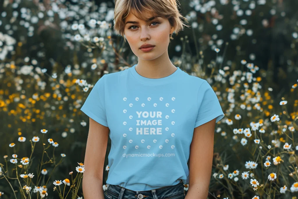 Woman Wearing Sky Blue T-shirt Mockup Front View Template