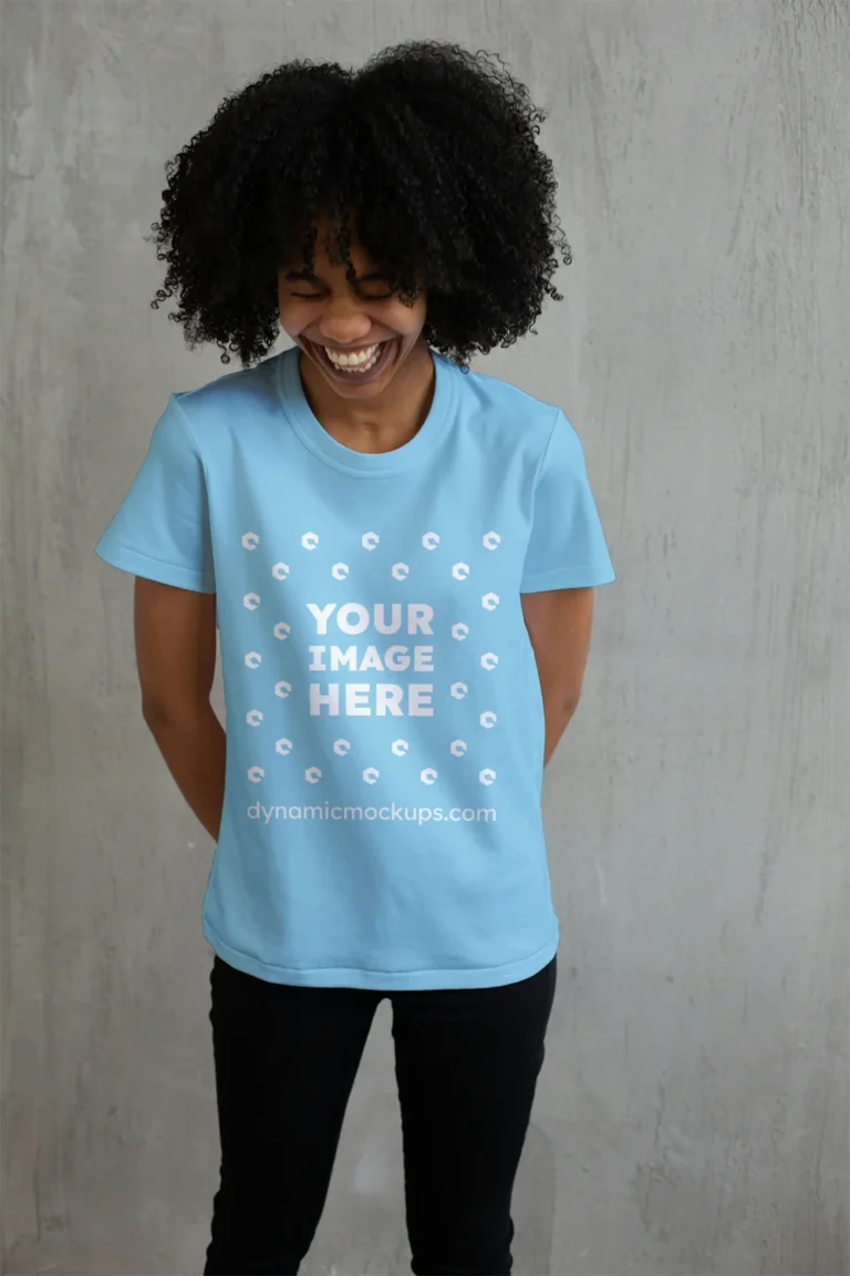 Woman Wearing Sky Blue T-shirt Mockup Front View Template