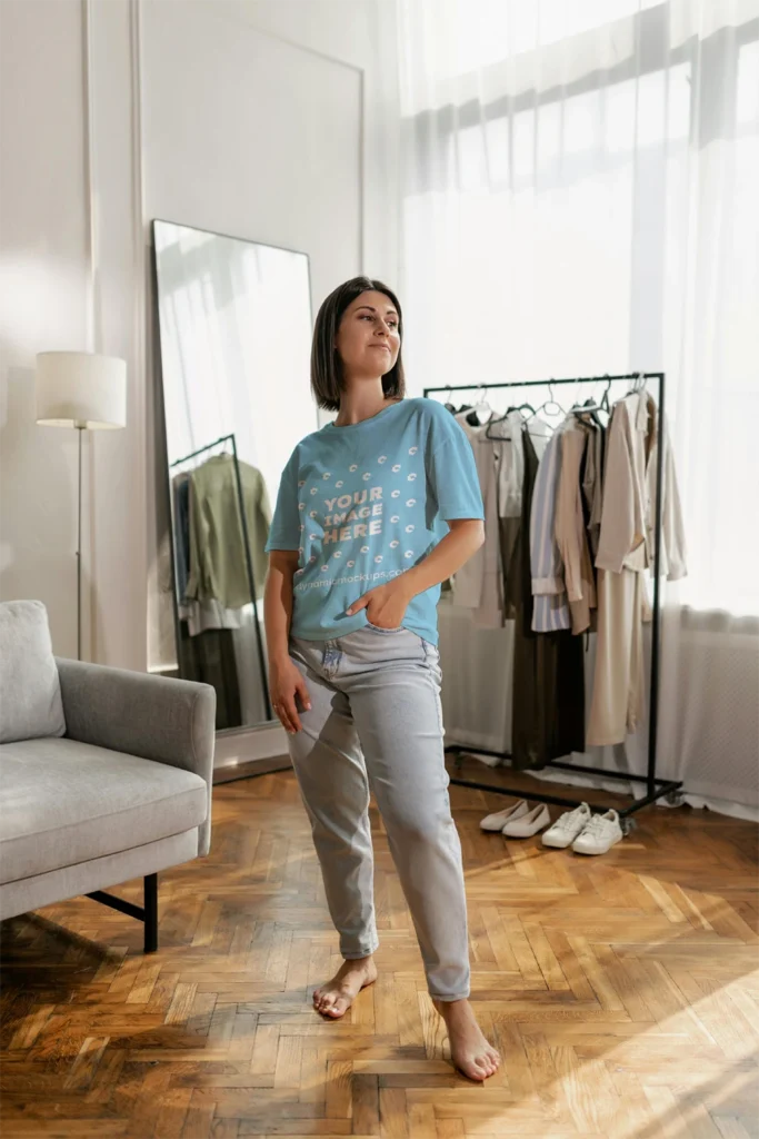 Woman Wearing Sky Blue T-shirt Mockup Front View Template