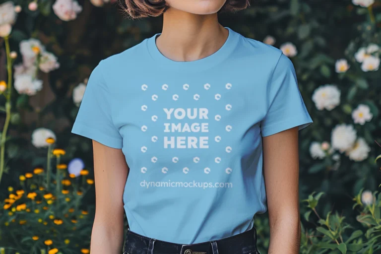 Woman Wearing Sky Blue T-shirt Mockup Front View Template