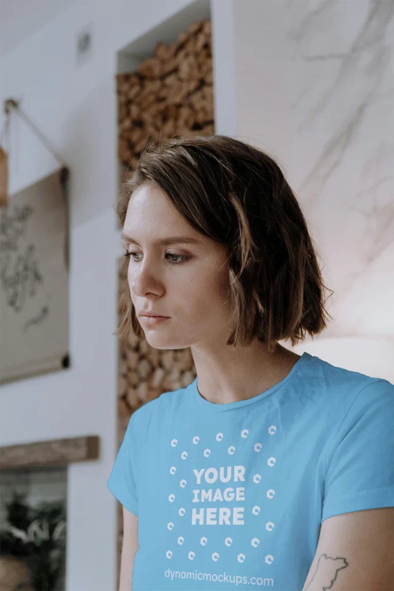 Woman Wearing Sky Blue T-shirt Mockup Front View Template